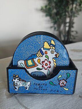 NEW Peruvian Torito de Pucará Coaster Set with Holder
